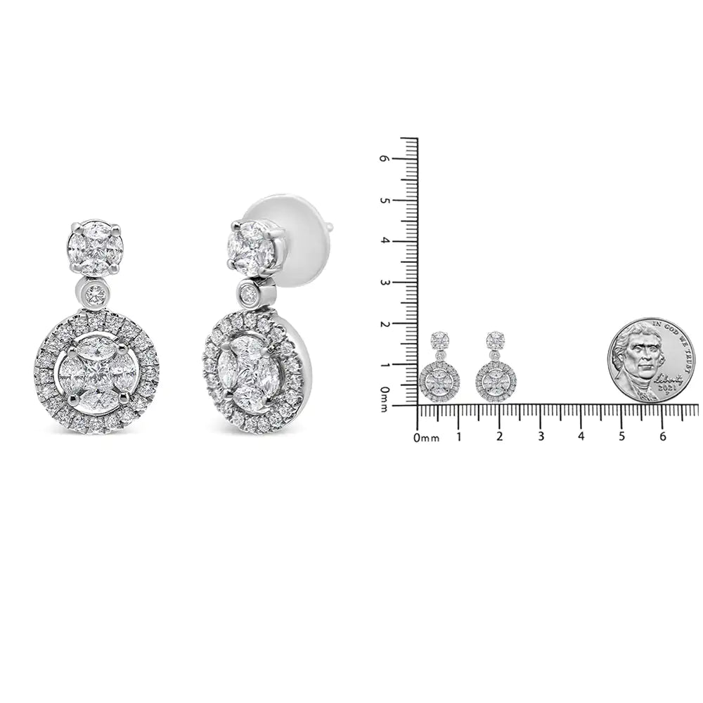 18K White Gold 2.0 Cttw Round Shape Diamond Composite Halo Dangle Stud Earring (F-G Color, VS1-VS2 Clarity)