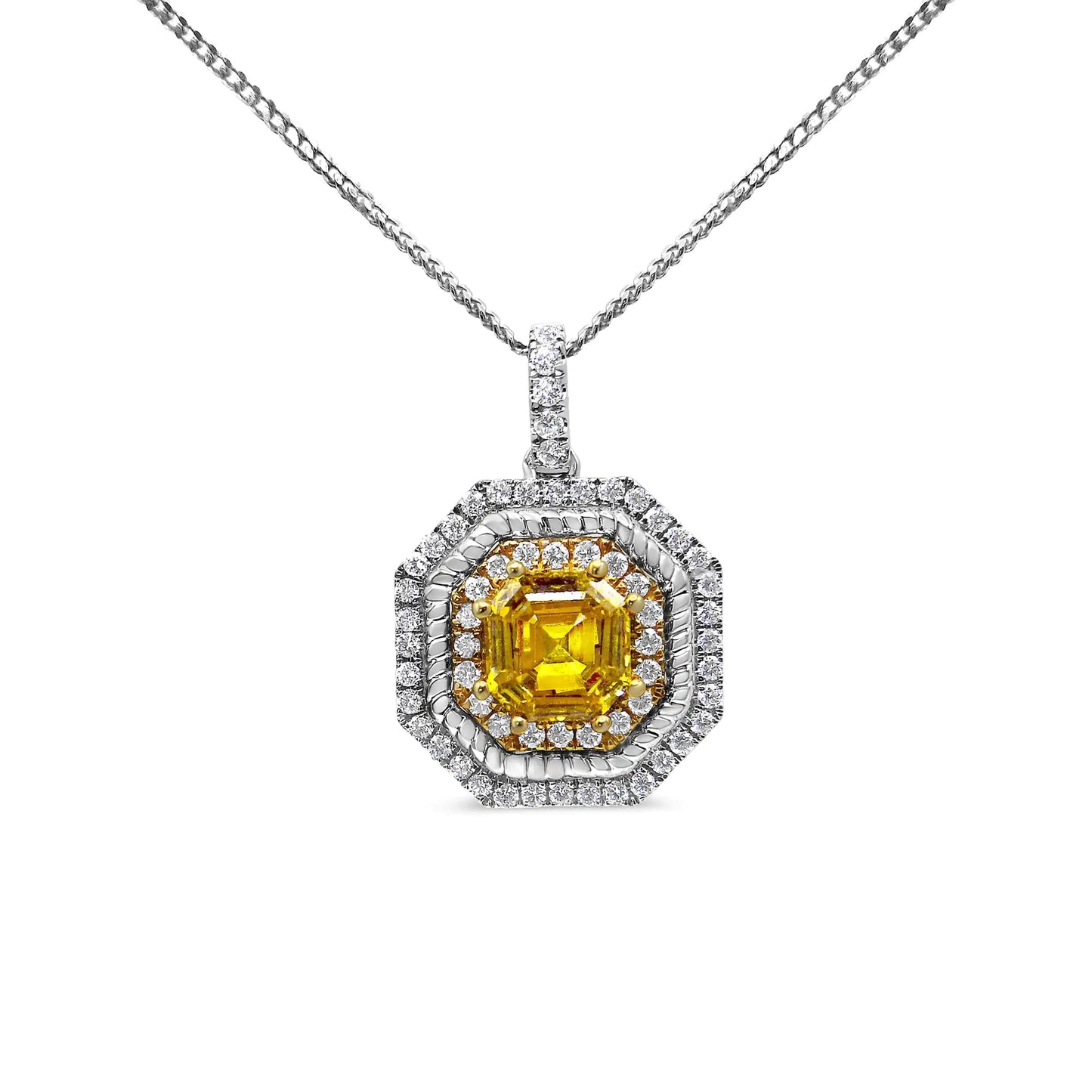 18K White and Yellow Gold 2 1/4 Cttw Lab Grown Yellow Asscher Cut Diamond Art Deco Style Halo 18" Pendant Necklace (Yellow/G-H Color, VS1-VS2 Clarity)