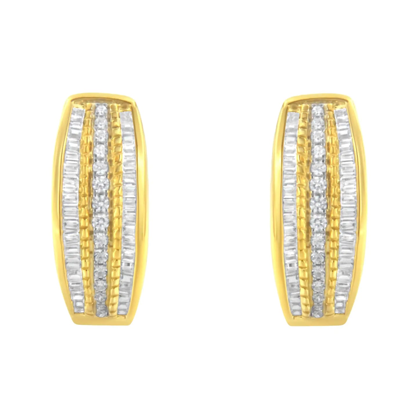 10K Yellow Gold 3/4 Cttw Pave and Channel Set Diamond Triple Row Modern Hoop Earrings (I-J Color, I2-I3 Clarity)