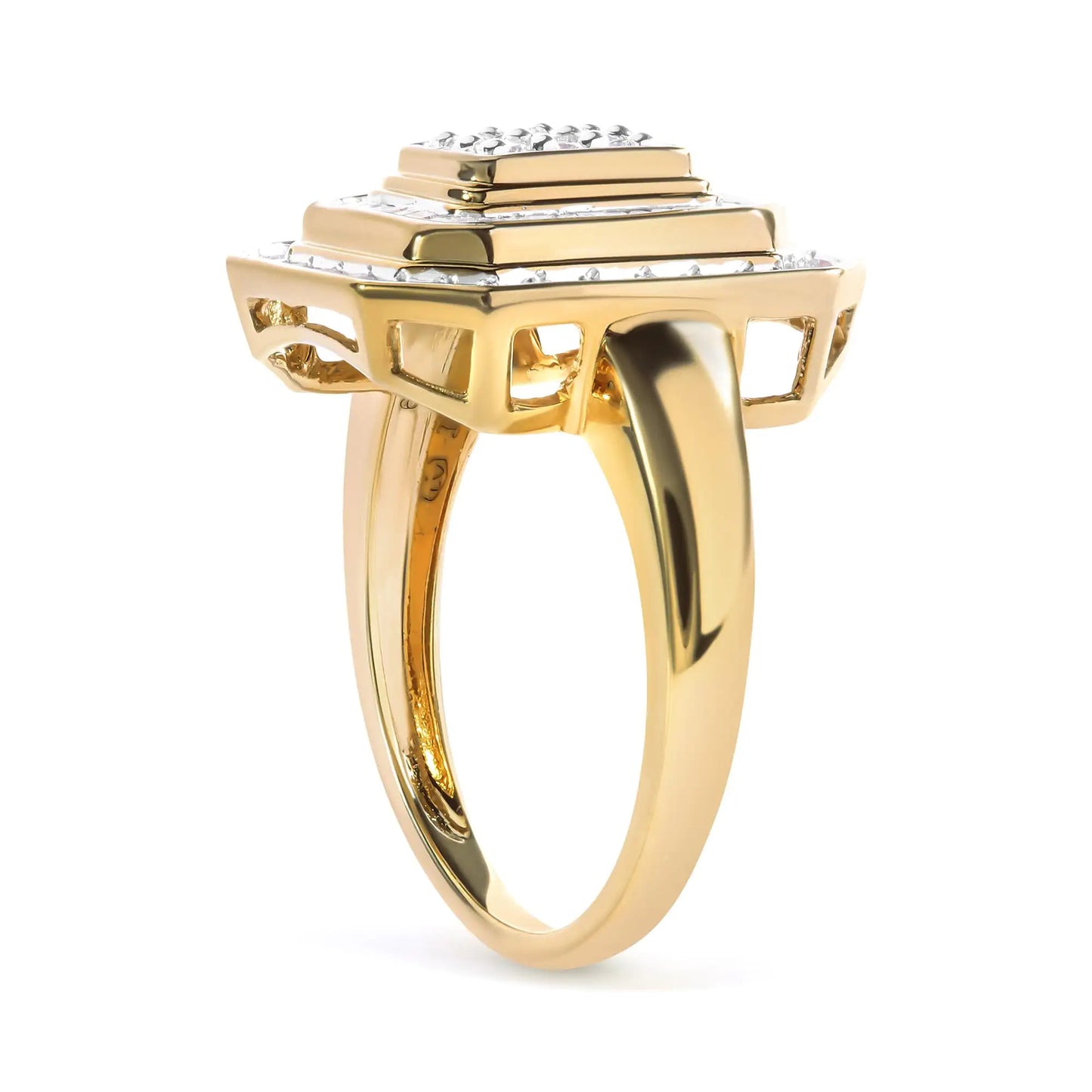 10K Yellow Gold Plated .925 Sterling Silver 1/2 Cttw Round & Baguette Diamond Ring (I-J Color, I2-I3 Clarity)