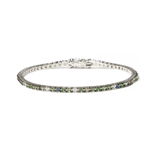 18K White Gold 3/8 Cttw Diamond with Blue Sapphire and Green Tsavorite Gemstone Multi-Colored Tennis Bracelet (Brown and G-H Color, SI1-SI2 Clarity) - Size 7"