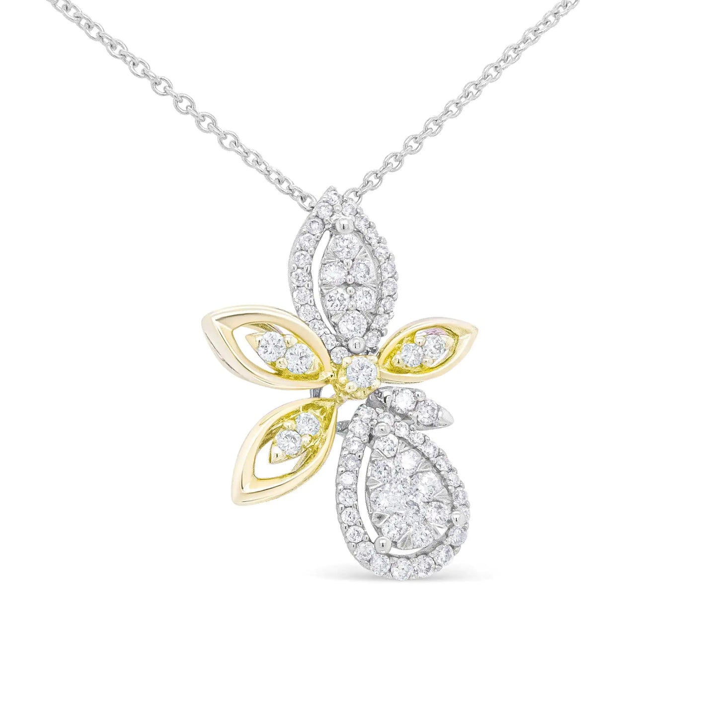 14K White and Yellow Gold 5/8 Cttw Round Diamond Marquise Floral Style 18" Pendant Necklace (H-I Color, I1-I2 Clarity)