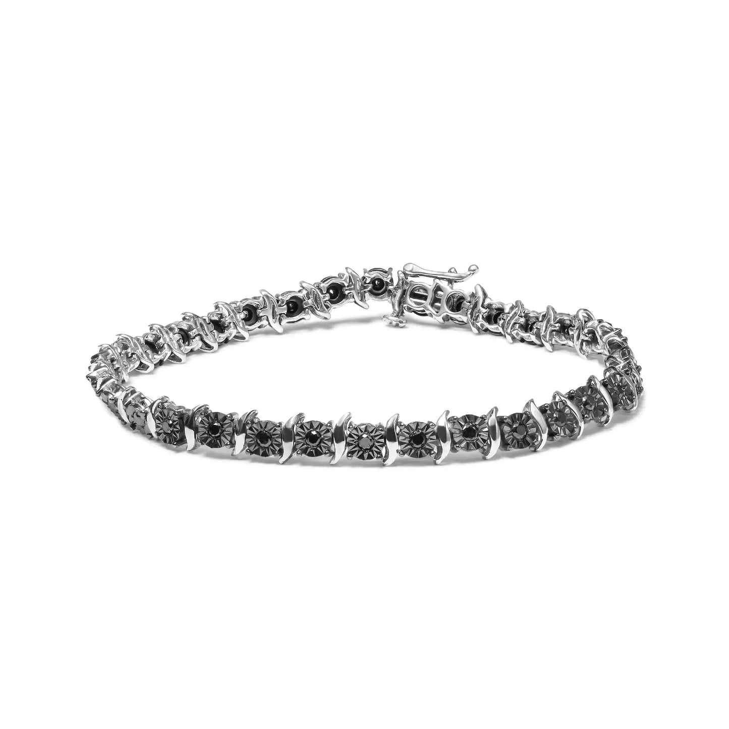 .925 Sterling Silver 1.0 Cttw Black Treated Diamond S-Curve Link Miracle-Set 7" Tennis Bracelet (Black Color, I2-I3 Clarity)