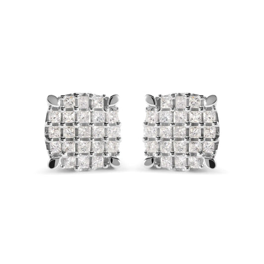 10K White Gold 3/4 Cttw Princess Diamond Composite Cushion Shape Stud Earrings (I-J Color, I1-I2 Clarity)