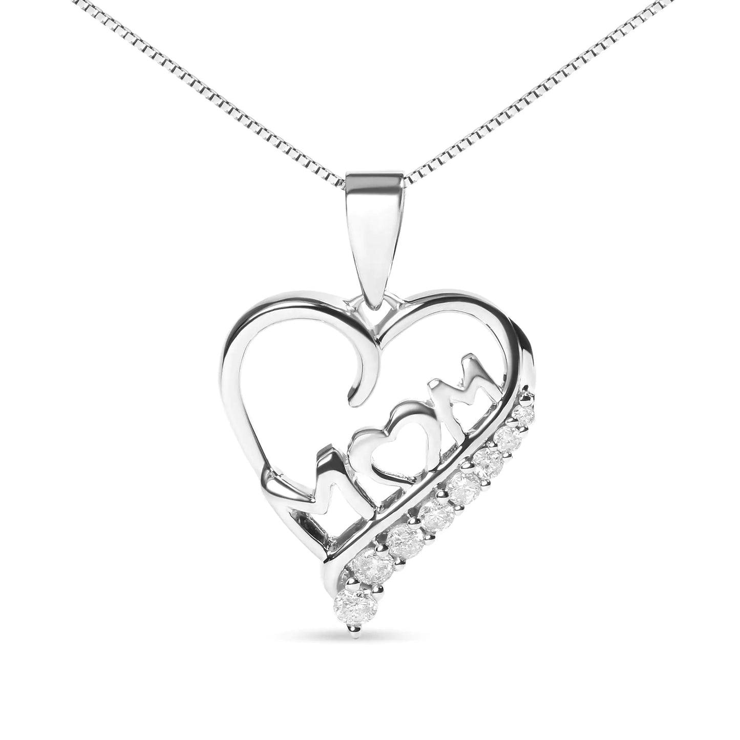 .925 Sterling Silver 1/4 Cttw Diamond  "Mom" and Open Heart 18" Pendant Necklace (I-J Color, I2-I3 Clarity)