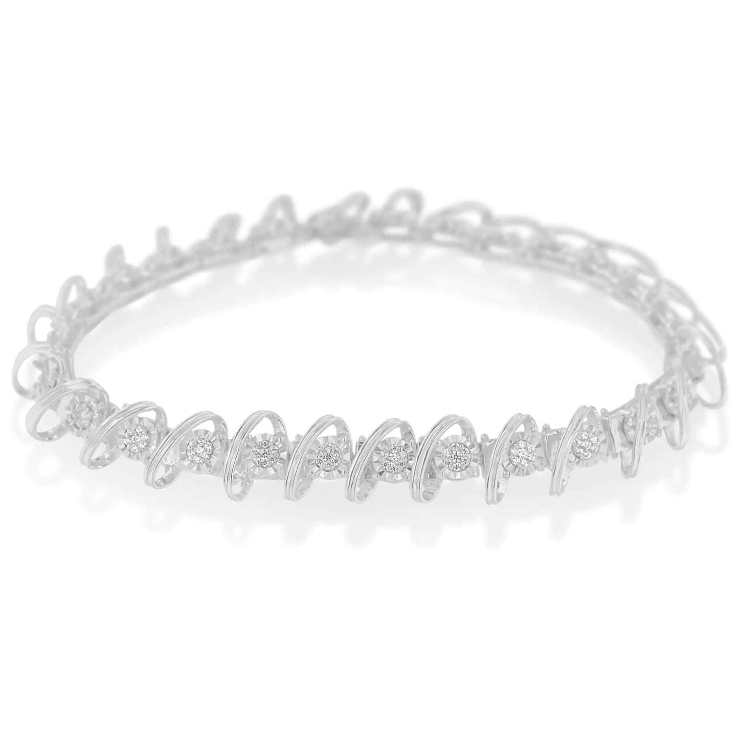 .925 Sterling Silver 3/4 Cttw Diamond  Illusion Plate Link Bracelet (I-J Color, I3 Clarity) - Size 7.25"