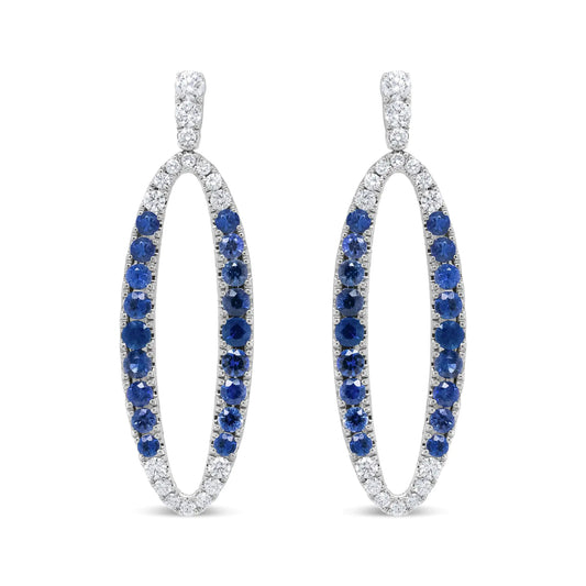 18K White Gold 1.11 Cttw Blue Round Diamond and Blue Sapphire Openwork Oval Shaped Dangle Earrings (F-G Color, VS1-VS2 Clarity)