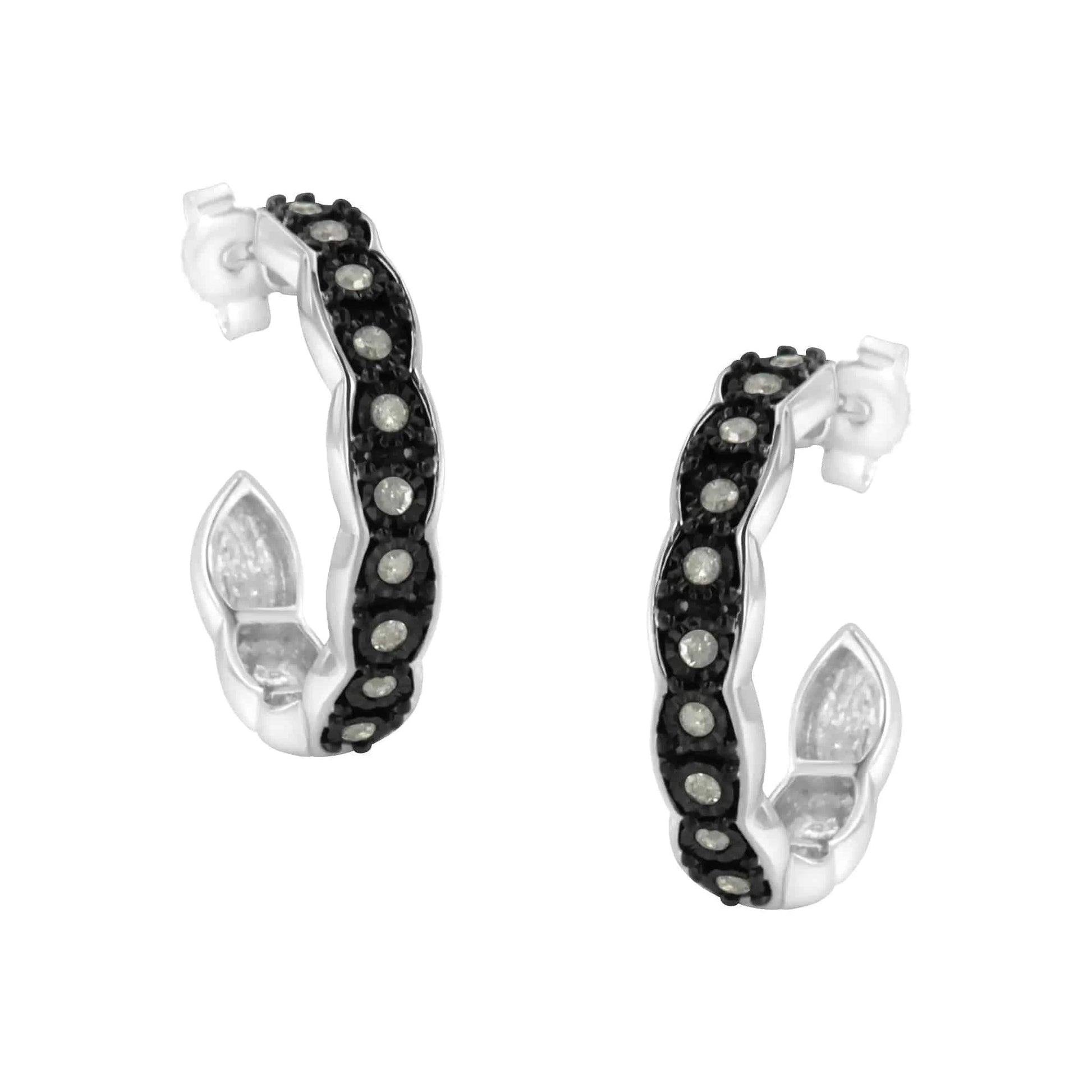 Black Rhodium and .925 Sterling Silver 1/4 cttw Miracle Plate Set Diamond "C" Shape Hoop Earring(I-J Color, I3 Clarity) - Carat&Crown