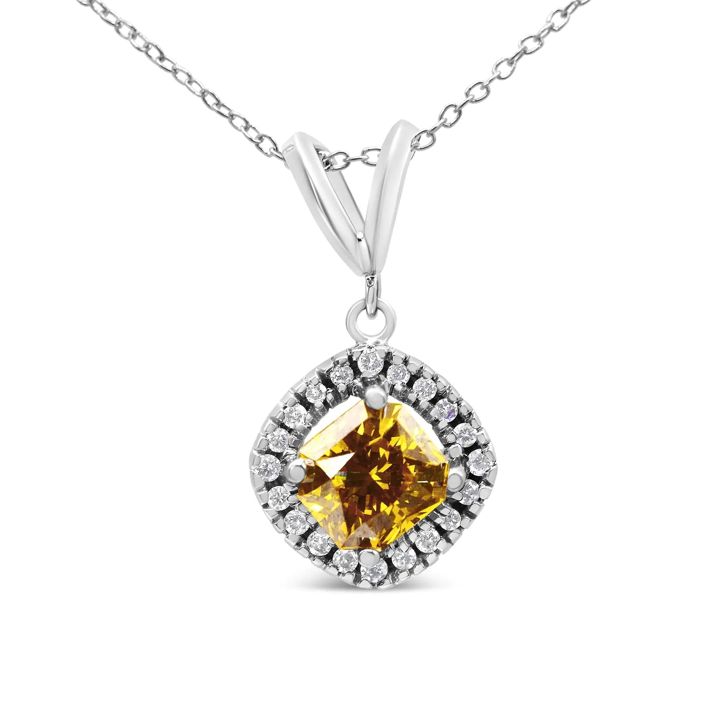 14K White Gold 1 1/5 Cttw Yellow Radiant Lab Grown Diamond Floating Halo Rhombus Shaped 18" Pendant Necklace (Yellow/G-H Color, VS1-VS2 Clarity)