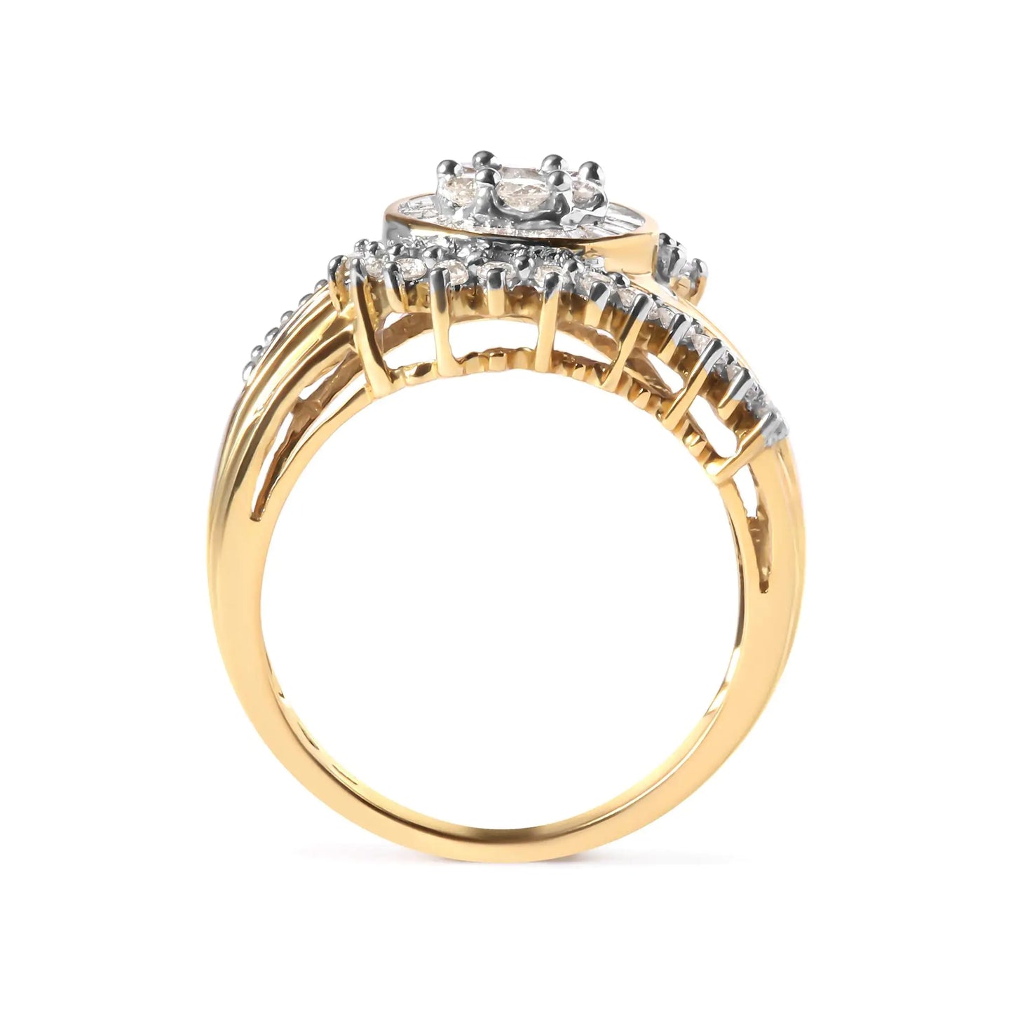 10K Yellow Gold 1 Cttw Round and Baguette cut Diamond Cluster Swirl Band Ring (H-I Color, I1-I2 Clarity)