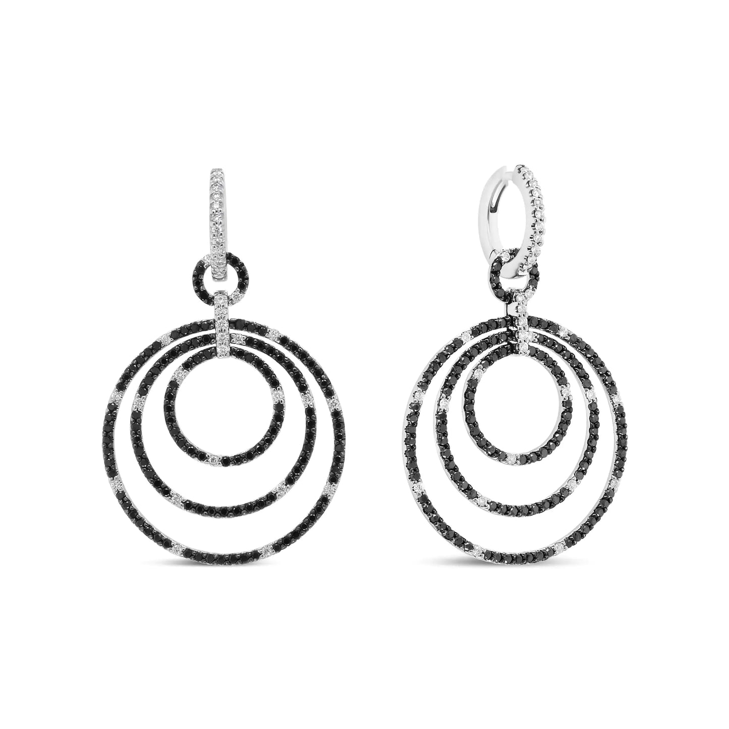 18K White Gold Round 2 1/3 Cttw Black and White Diamond Graduated Hoop Dangle Earrings (Black and F-G Color, VS1-VS2 Clarity)