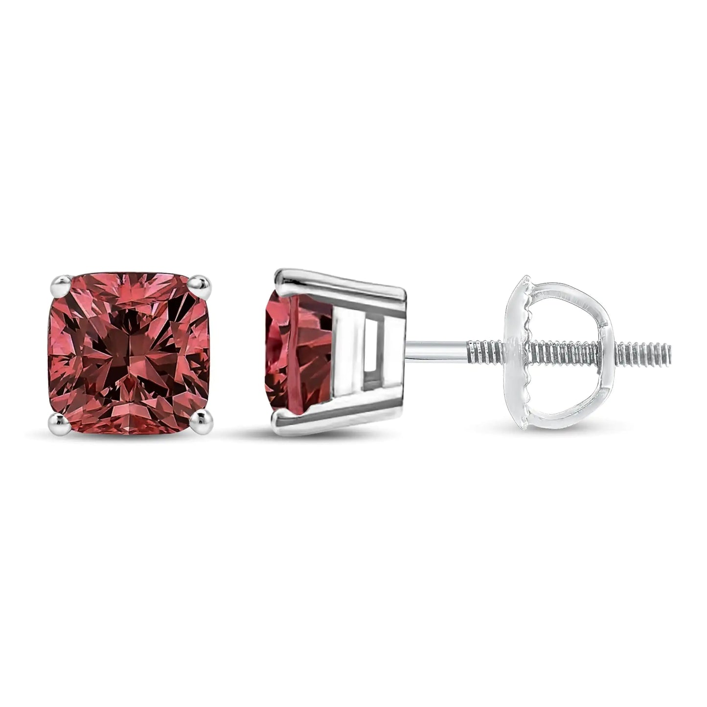 14K White Gold Lab Grown Pink Cushion 4-Prong Set Classic Diamond Solitaire Stud Earrings (Pink Color, VS1-VS2 Clarity)