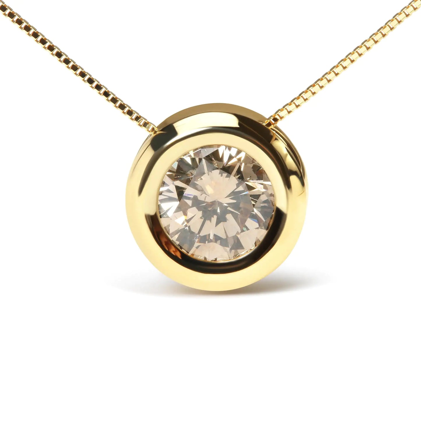 14K Yellow Gold 1 3/8 Cttw Bezel Set Round Champagne Diamond Solitaire 18" Pendant Necklace (Champagne Color, SI2-I1 Clarity)