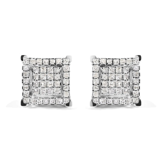 10K White Gold 1 1/4 Cttw Princess Diamond Composite Double Square and Halo Stud Earrings (I-J Color, I1-I2 Clarity)