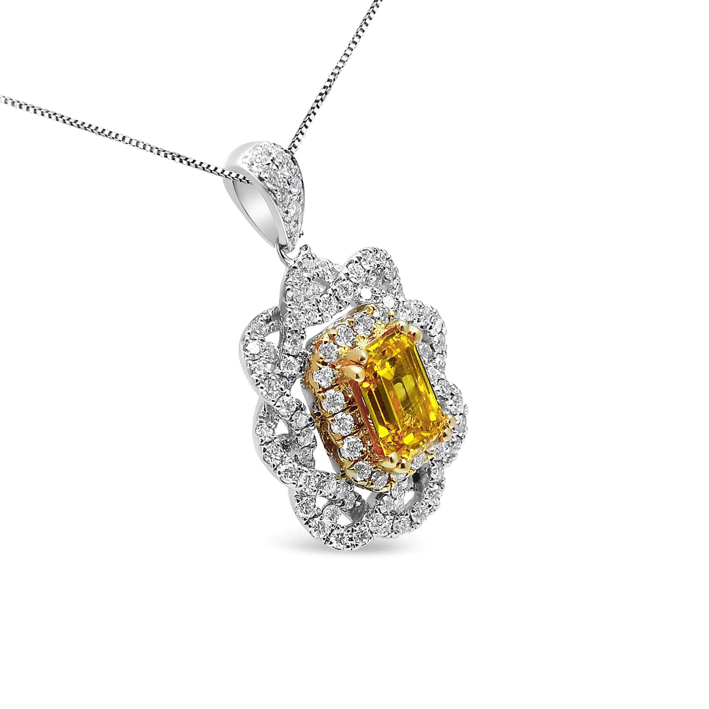 18K Yellow and White Gold 1.75 Cttw Diamond Lab Grown Treated Yellow Emerald Center Diamond Halo 18" Pendant Necklace (Yellow/G-H Color, VS1-VS2 Clarity)