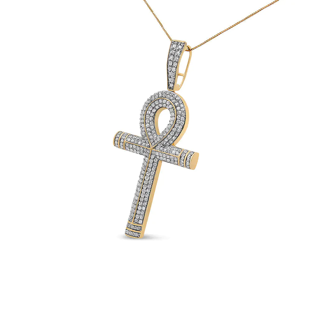 10K Yellow Gold 1 7/8 Cttw Round Diamond Ankh Cross Pendant Necklace for Men (H-I Color, SI1-SI2 Clarity) - NO CHAIN INCLUDED