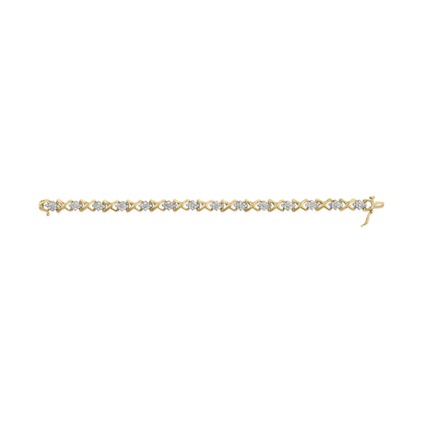 10k Yellow Gold 2.00 Cttw Diamond Cluster and Alternating "X" Link Bracelet (I-J Color, I3 Clarity) - 7"