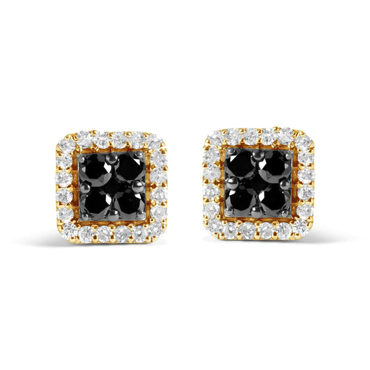 Men's 10K Yellow Gold 5/8 Cttw White and Black Treated Diamond Composite with Halo Stud Earring (Black / I-J, I2-I3 Clarity)