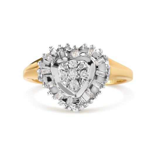 10K Yellow Gold 1/4 Cttw Round and Baguette cut Diamond Heart Shape Ballerina Ring (H-I Color, I1-I2 Clarity)