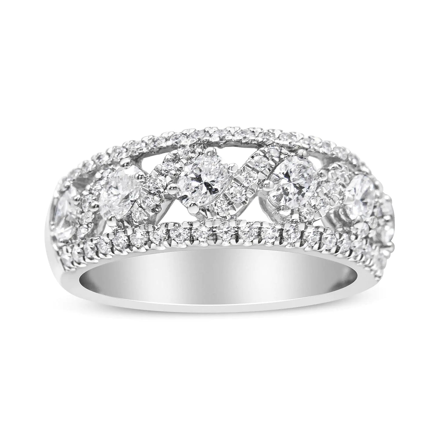 14K White Gold 1 1/4 Cttw Oval and Round Diamond Openwork Anniversary Ring ( H-I Color, I1-I2 Clarity)