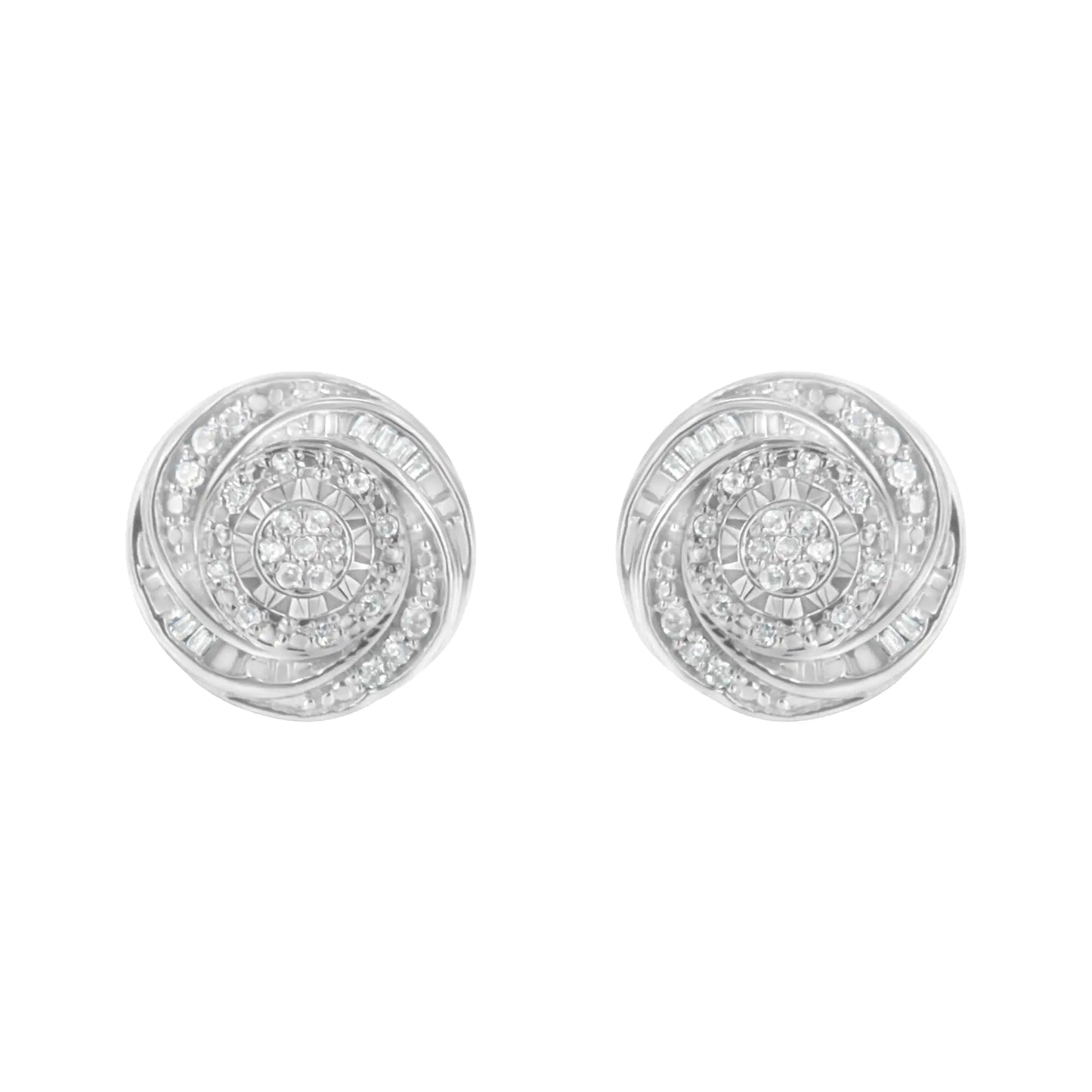 .925 Sterling Silver 1/4 Cttw Baguette and Round Diamond Swirl Love Knot Stud Earrings (I-J Color, I3 Clarity)