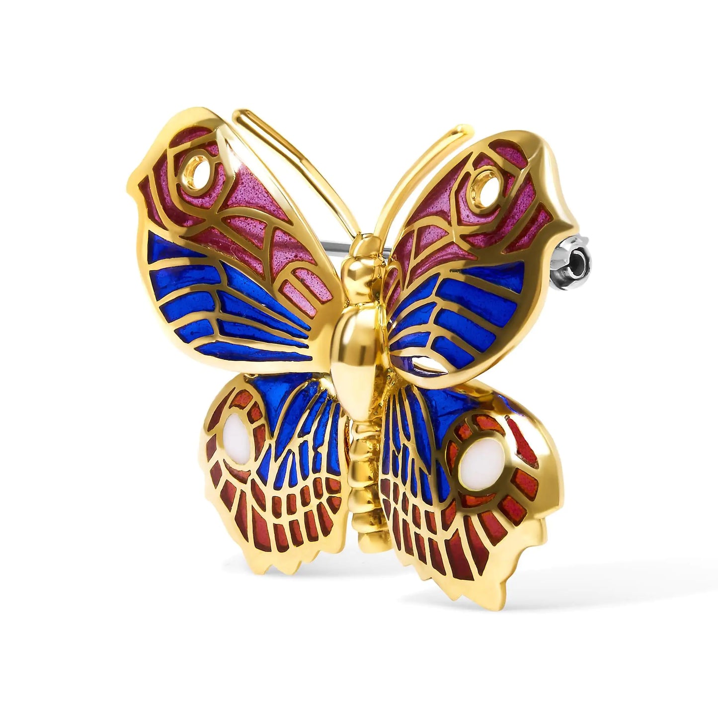 18K Yellow Gold Red, Blue, and White Enameled Butterfly Brooch Pin