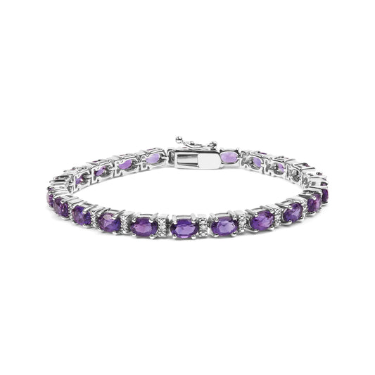 .925 Sterling Silver 9 1/2 Cttw Alternating Oval Amethyst and White Diamond Accent Link Tennis Bracelet (I-J Color, I3 Clarity) - 7.25" Inches