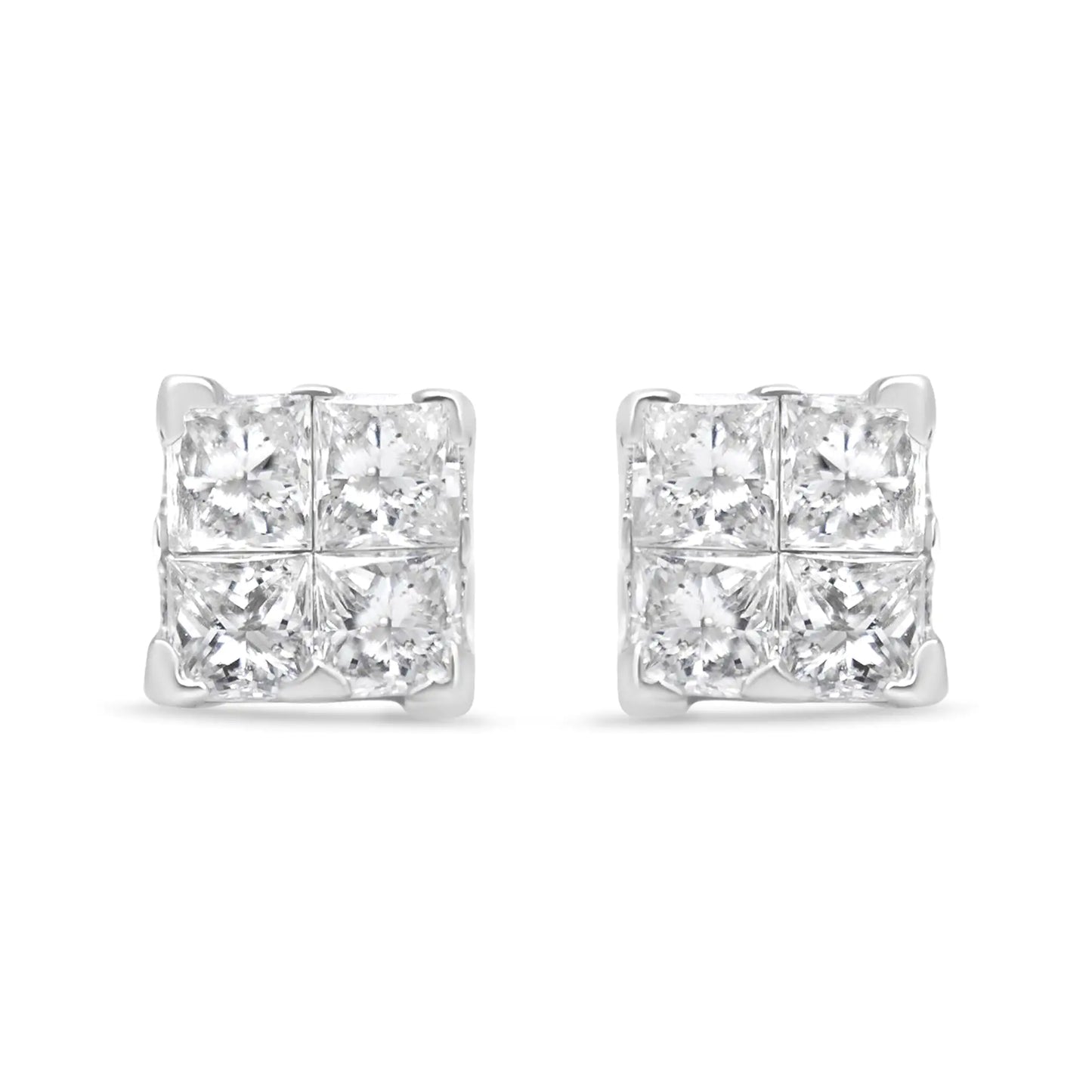 14K White Gold 1/2 Cttw Invisible-Set Princess Diamond Quad Cluster Stud Earrings (H-I Color, SI1-SI2 Clarity)