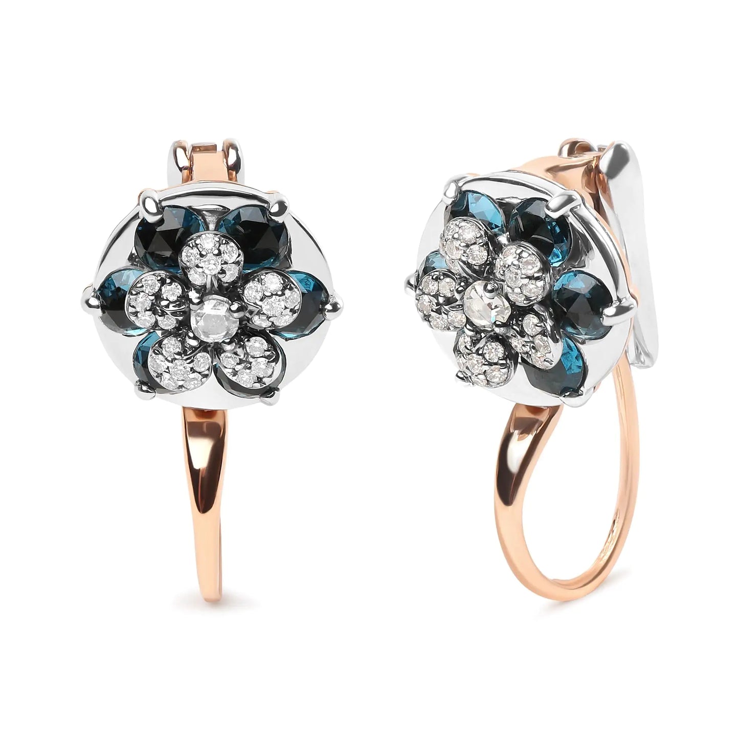 18K Rose and White Gold 1/3 Cttw Round Diamonds and Round London Blue Topaz Gemstone Cluster Floral Drop Hoop Earrings (G-H Color, SI1-SI2 Clarity)