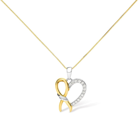 10K Yellow Gold Plated .925 Sterling Silver 1/5 Cttw Diamond Ribbon Heart Pendant Necklace (H-I Color, I2-I3 Clarity) - 18"