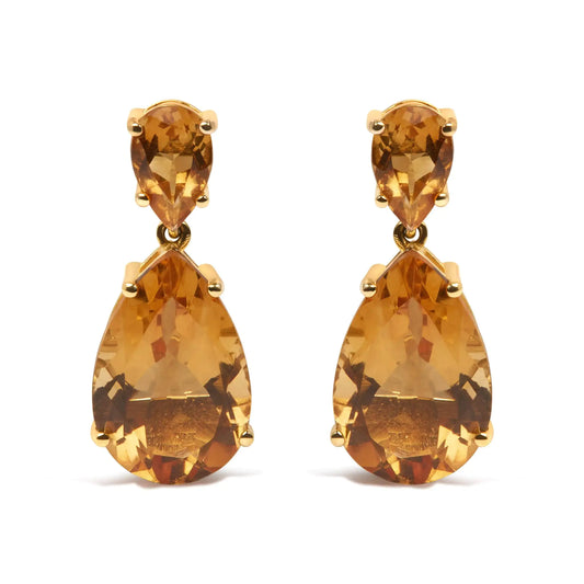 10K Yellow Gold Plated .925 Sterling Silver 12 1/3 Cttw Pear Shaped Orange Citrine Dangle Double Drop Stud Earring