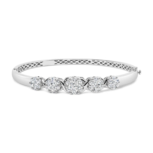 14K White Gold 2 1/2 Cttw Diamond Graduating Floral Cluster Bangle Bracelet (H-I Color, SI1-SI2 Clarity) - Fits Wrists up to 7.25"