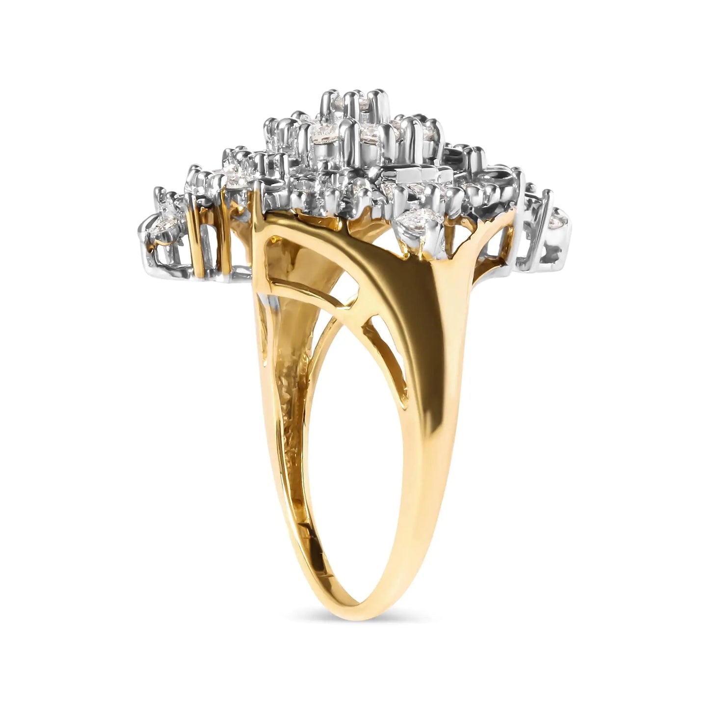 10K Yellow Gold 1 Cttw Round and Baguette cut Diamond Cluster and Rhombus Halo Ring (H-I Color, I1-I2 Clarity)