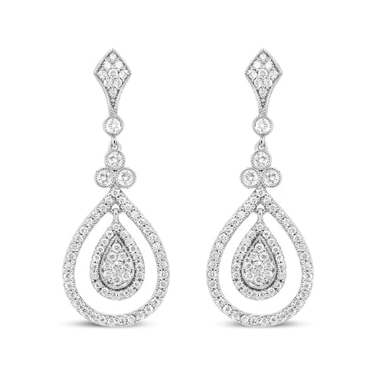 18K White Gold 1 1/4 Cttw Round Diamond Openwork Teardrop-Shaped Dangle Earrings (F-G Color, VS1-VS2 Clarity)