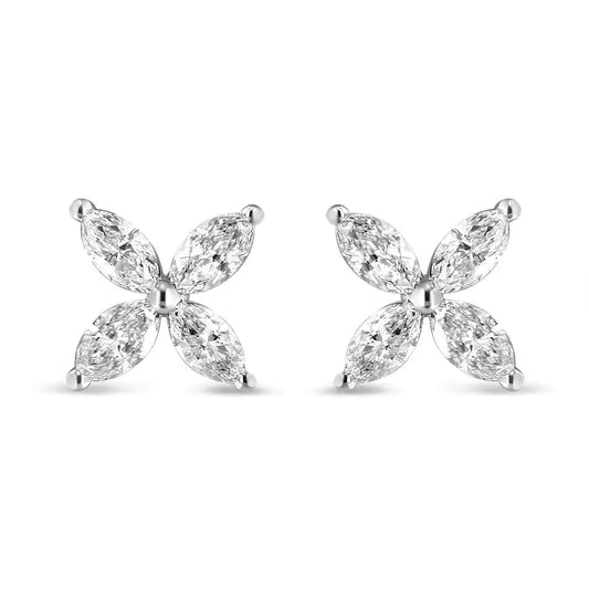 14K White Gold 1.0 Cttw Lab Grown Marquise Diamond 8 Stone Floral Leaf Stud Earrings (F-G Color, VS2-SI1 Clarity)