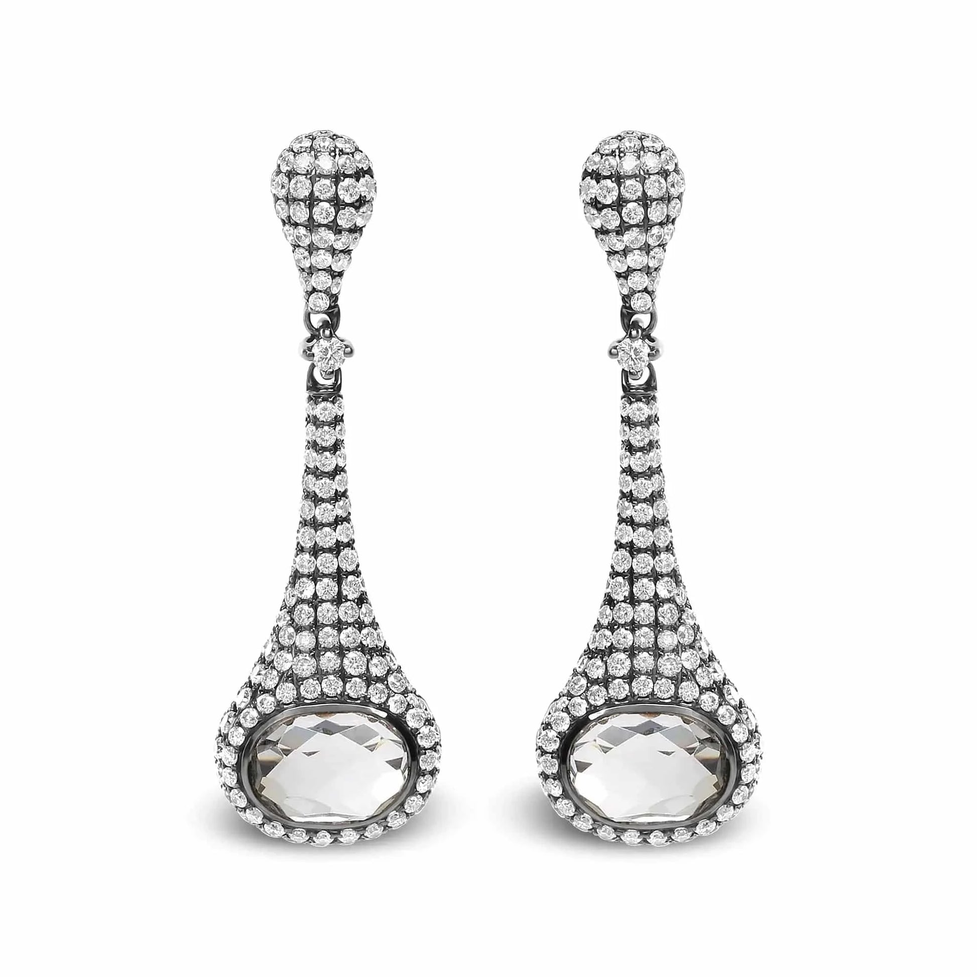 Black Rhodium Plated 18K White Gold 1 3/8 Cttw Round Pave Diamonds and 8x6mm Oval White Quartz Gemstone Sculptural Drop and Dangle Earrings (G-H Color, SI1-SI2 Clarity) - Carat&Crown