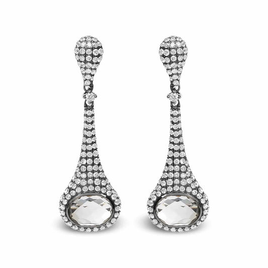 Black Rhodium Plated 18K White Gold 1 3/8 Cttw Round Pave Diamonds and 8x6mm Oval White Quartz Gemstone Sculptural Drop and Dangle Earrings (G-H Color, SI1-SI2 Clarity) - Carat&Crown