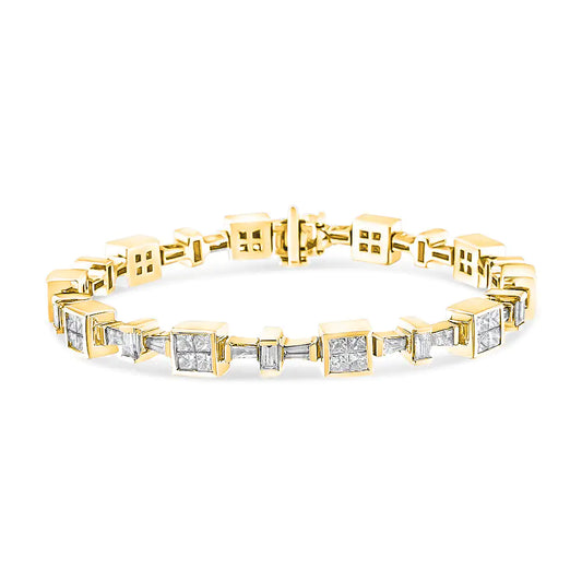 14K Yellow Gold 6 3/4 Cttw Princess and Baguette-Cut Diamond Tennis Bracelet (H-I Color, VS2-SI1 Clarity) - Size 7