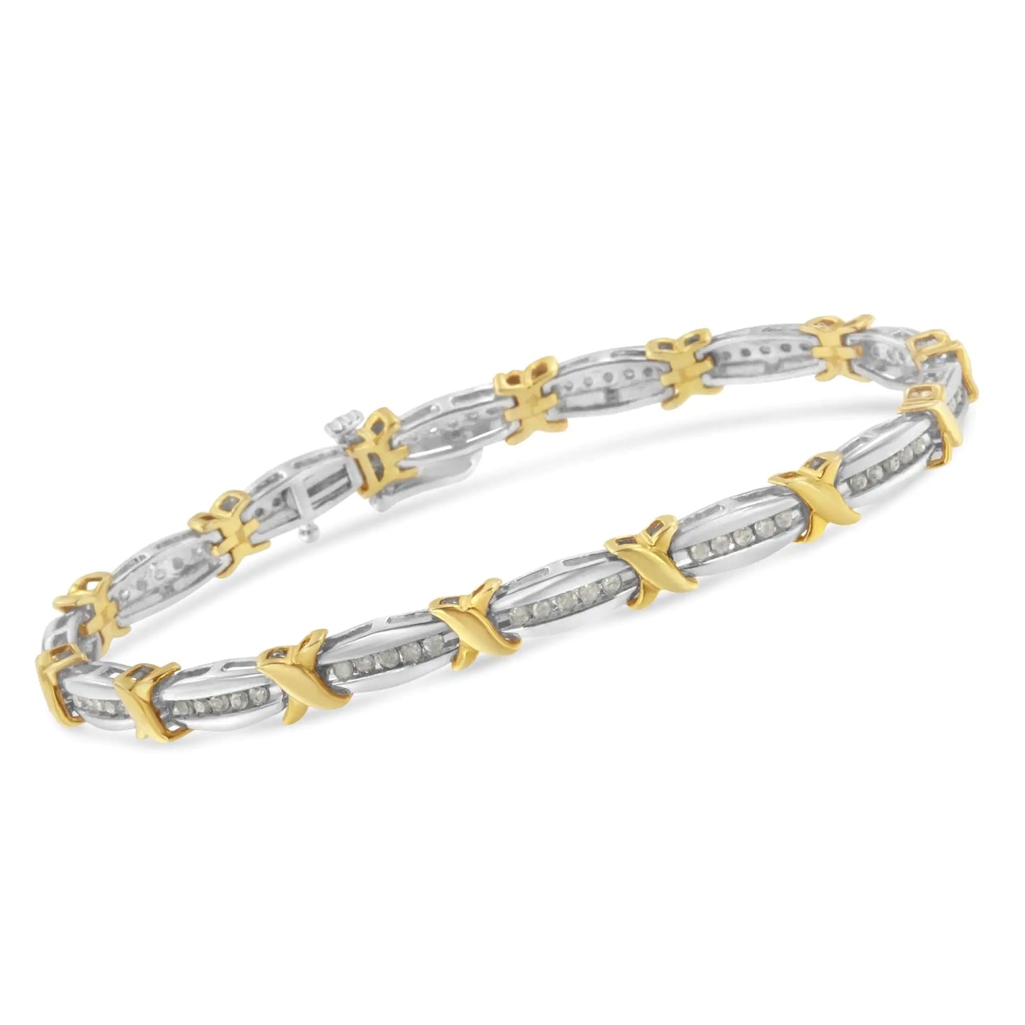 Two-Tone 10K Yellow Gold over .925 Sterling Silver 1.0 Cttw Diamond Channel Set Tapered & X-Link 7" Tennis Bracelet (H-I Color, I2-I3 Clarity)