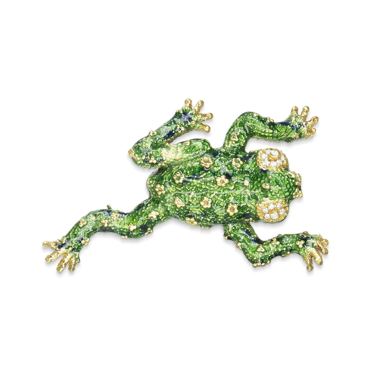 18K Yellow Gold 1/6 Cttw Diamond Green Frog Enamel Floral Brooch Pin (H-I Color, VS2-SI1 Clarity)