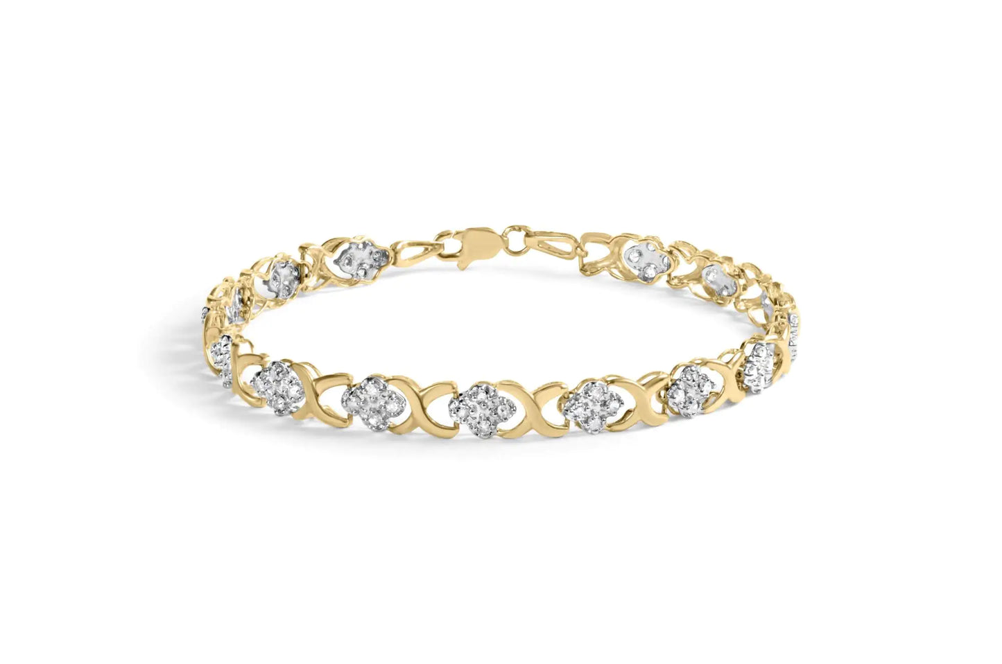 10K Yellow Gold 1.00 Cttw Diamond 5 Stone Floral Cluster and "X" Link 7" Bracelet (I-J Color, I3 Clarity)