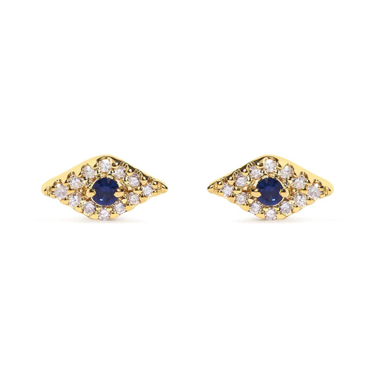 10K Yellow Gold Blue Sapphire and Diamond Accent Evil Eye Stud Earring (H-I Color, I1-I2 Clarity)