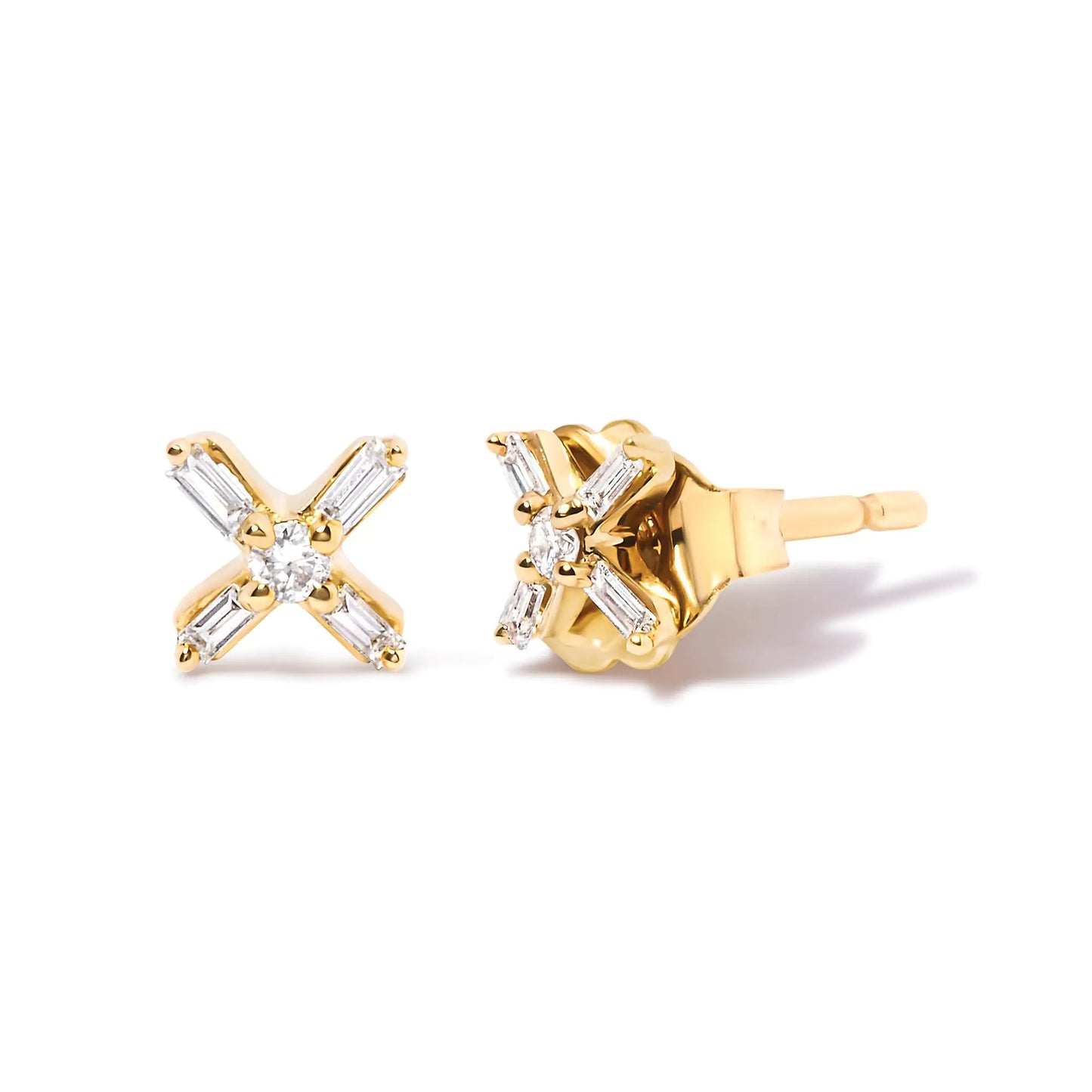 10K Yellow Gold 1/10 Cttw Round and Baguette Diamond Criss Cross X Stud Earring (H-I Color, I1-I2 Clarity)