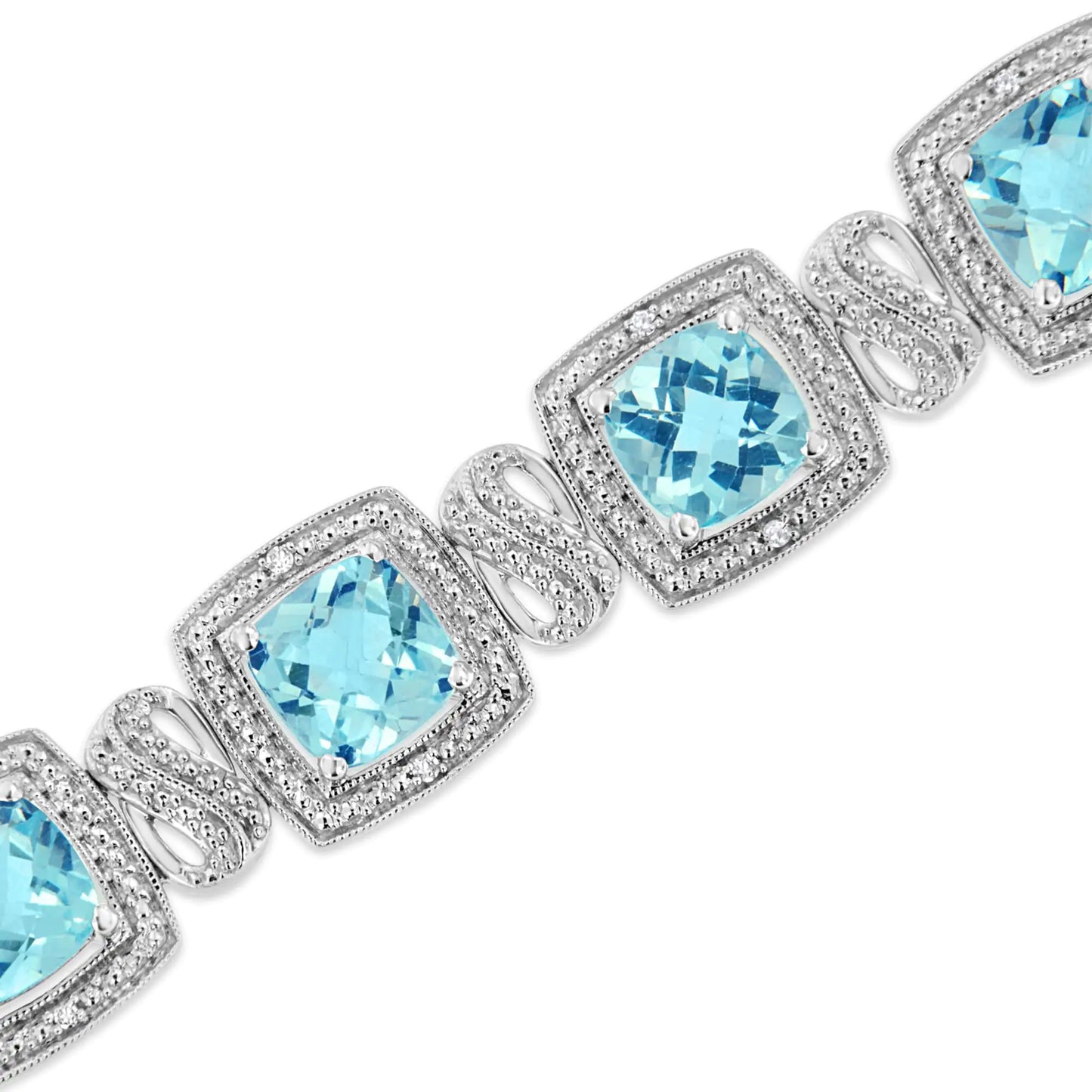 .925 Sterling Silver 7x7 mm Cushion Cut Blue Topaz and 1/10 Ctw Single Cut Diamond Square Shape Tennis Bracelet (I-J Color, I1-I2 Clarity) - 7"