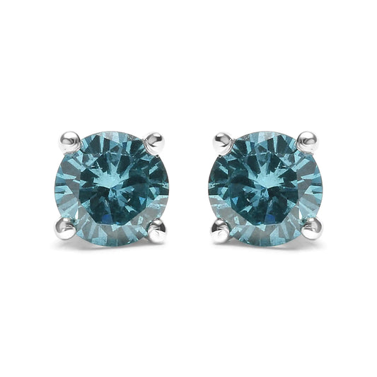 14K Gold 1/2 Cttw Aqua Blue Diamond Screw-Back 4-Prong Classic Stud Earrings (Color Treated, I2-I3)