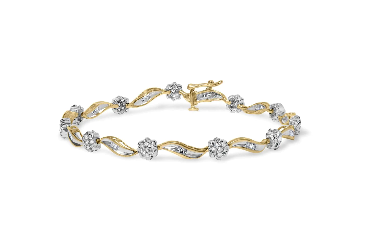 10K Yellow and White Gold 1.00 Cttw Round-Cut and Baguette-Cut Diamond Floral S-Link 7" Bracelet (I-J Color, I1-I2 Clarity)