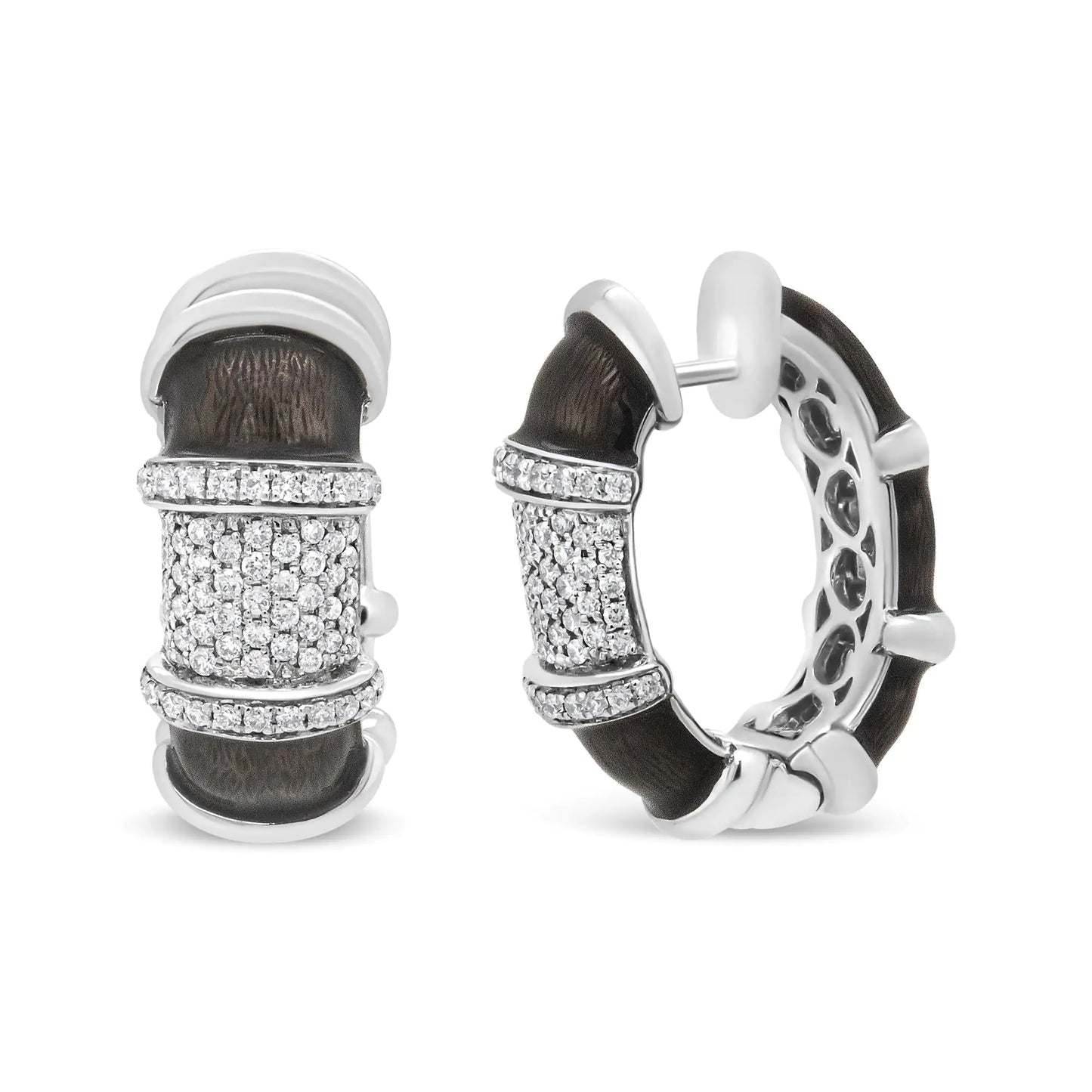 18K White Gold Flash Plated .925 Sterling Silver Clear Graphite Grey Enamel 5/8 Cttw Round Diamonds Huggie Hoop Earrings (F-G Color, VS1-VS2 Clarity)