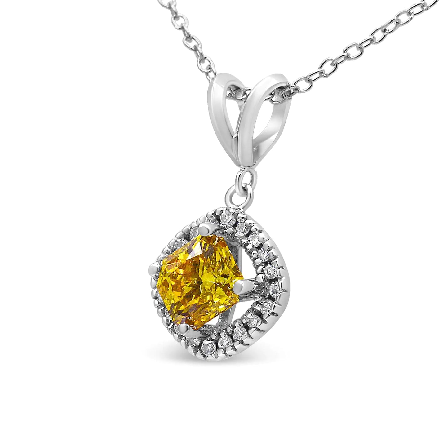 14K White Gold 1 1/5 Cttw Yellow Radiant Lab Grown Diamond Floating Halo Rhombus Shaped 18" Pendant Necklace (Yellow/G-H Color, VS1-VS2 Clarity)