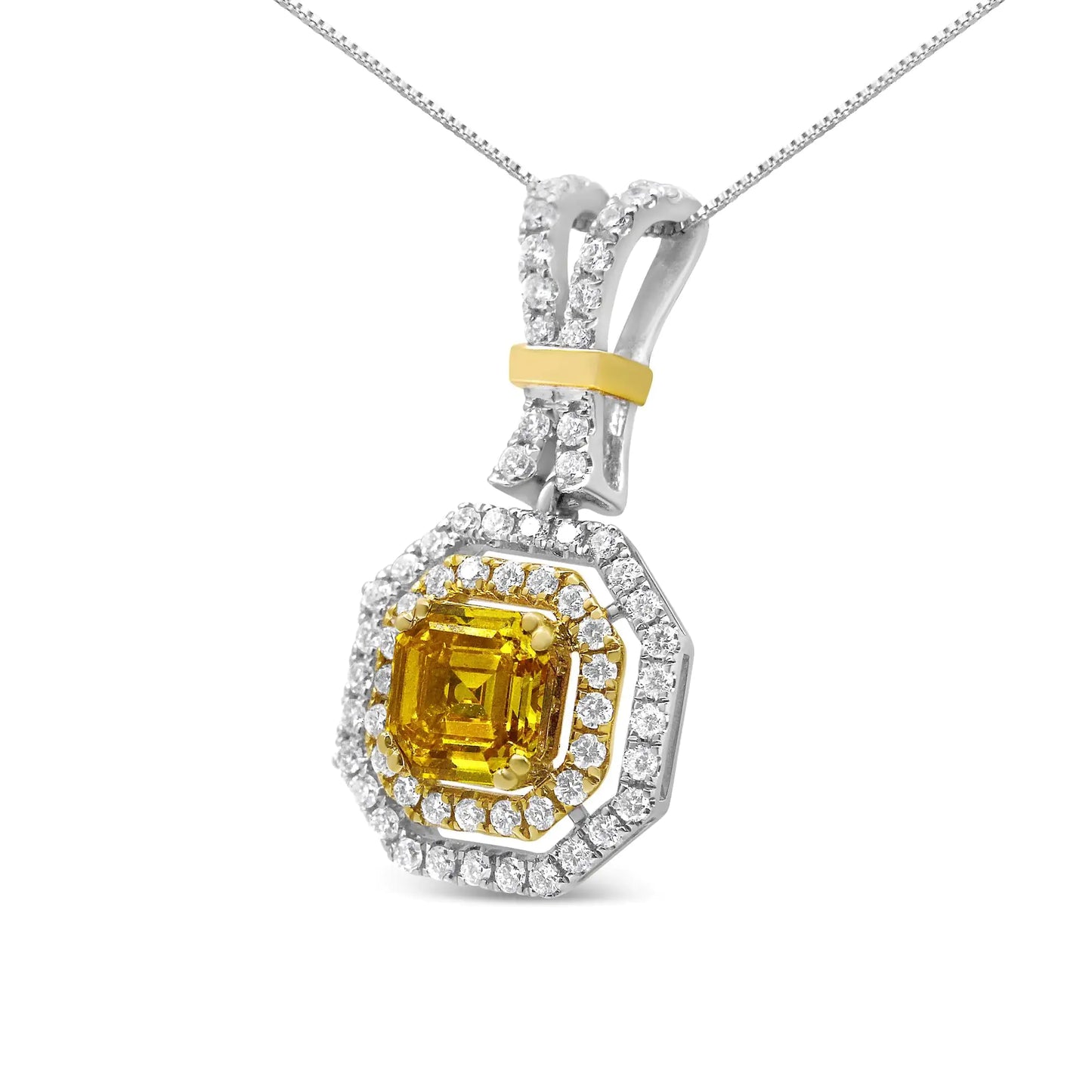 18K White and Yellow Gold 1.75 Cttw Lab Grown Treated Yellow Asscher Center Diamond Halo 18" Pendant Necklace (Yellow/G-H Color, VS1-VS2 Clarity)