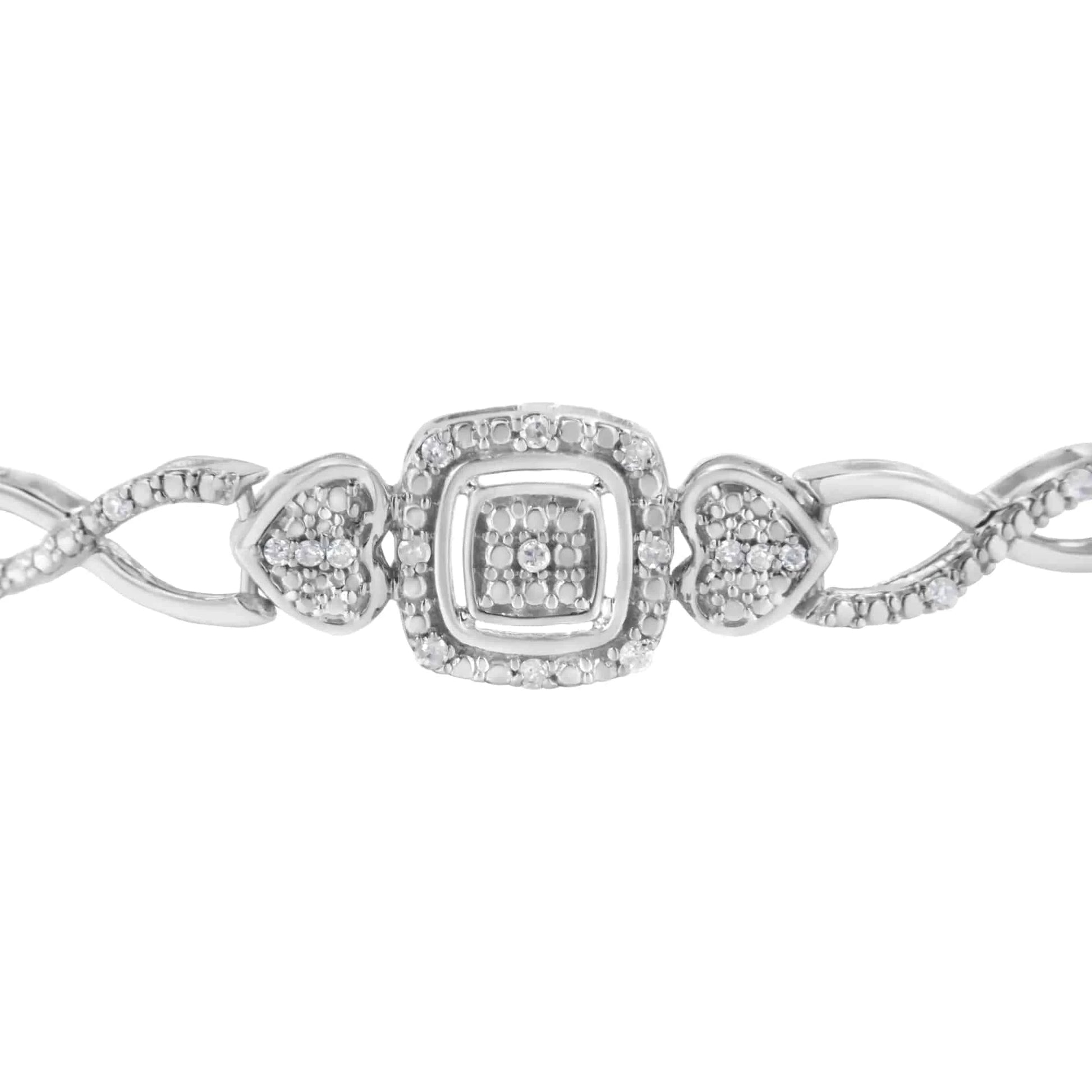 Sterling Silver Diamond Double Heart Bolo Bracelet (0.1 cttw, H-I Color, I2-I3 Clarity) - Carat&Crown